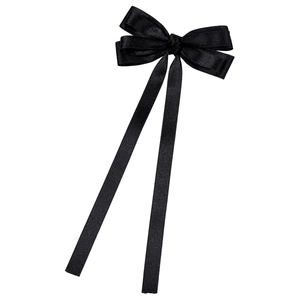 Elegant black satin bow hair clip with long ribbons for women stylish hair accessory