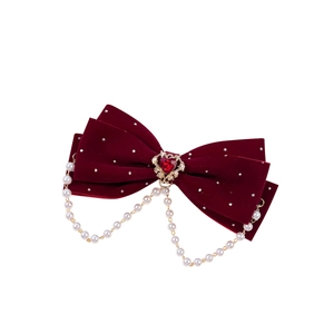 Barrette nœud vintage en velours rouge avec gemme de cœur et chaîne de perles pour femme