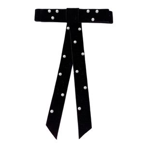 Elegant black velvet bow hair clip with white pearl beads on a clean white background