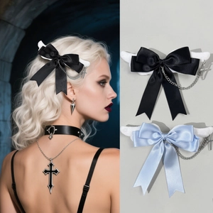 Gothic angel wing bow hair clip with cross chain in black and light blue styles