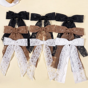 French Vintage Lace Ribbon Bow Hair Clip With Embroidered Flowers Long Streamers Elegant Sweet Headpiece For Women Daily Accessories