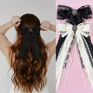 Elegant lace satin bow hair clip with vintage rhinestone and long streamers set