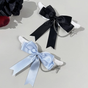 Gothic Angel Wings Bow Hair Clip Satin Ribbon Alloy Cross Chain Lolita Subculture Fashion Hair Accessories For Women Party