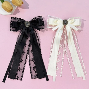 Vintage Lace Bowknot Hair Clip Elegant Satin Ribbon Long Streamer Hairpin With Rhinestone Alloy Decor Women Girl Hair Accessory