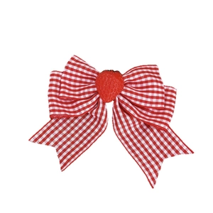 Red and white gingham bow hair clip with a cute strawberry charm for sweet school style