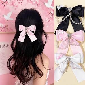 Eleganti fermagli per capelli a fiocco con perle, strass a cuore e catenelle colorate