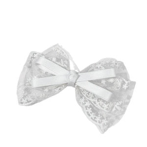 French style white lace bow hair clip with double-layer satin ribbon and floral embroidery