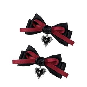 Gothic bow hair clips with dark red roses, silver heart charms and cross details
