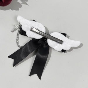 Gothic angel wing hair clip with black ribbon bow, silver chains and metal cross