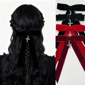 Gothic Velvet Bow Hair Clip With Metal Cross Pendant Retro Dark Lolita Bowknot Long Ribbon Duckbill Clip For Women Jewelry