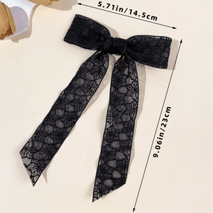 Detailed dimensions of black lace bow hair clip with floral embroidery showing 14.5x23cm size