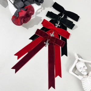 Cross velvet bow hair clips in black, green, and red with vintage gothic pendants