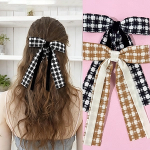 Fermaglio per Capelli a Fiocco a Scacchi in Stile Giapponese Con Nastri Lunghi Elegante Clip a Becco d'Anatra Retro per Donna