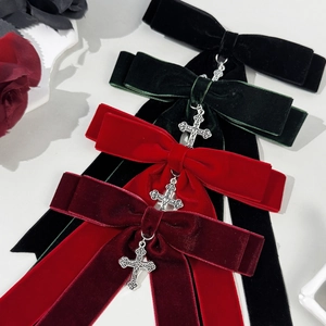 Vintage velvet bow hair clips with silver cross pendants in four assorted colors