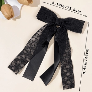 Detailed size parameters of the elegant black lace bow hair clip with satin tassels
