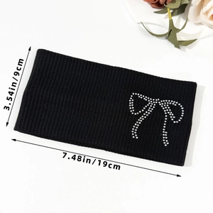 Black ribbed elastic sports headband with rhinestone bow pattern and 3.54 inch width