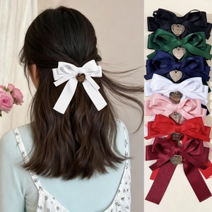 Eleganter Schleife Haarklammer Mit Herz Metall Anhänger Süßes Mädchen Entenschnabelklemme Für Damen Täglich Haarschmuck
