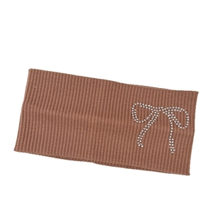Elastic dark brown ribbed knit headband featuring a rhinestone bow for yoga and sports