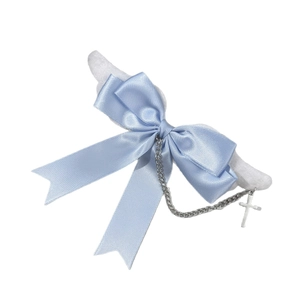 Gothic angel wing hair clip with blue silk bow, silver chain and cross pendant accessory