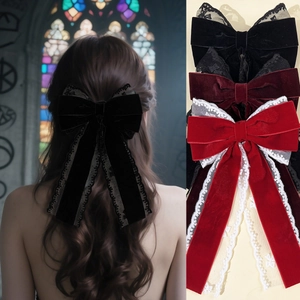 Elegant velvet bow hair clip with lace trim and long ribbon streamers for women