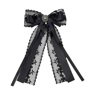 Elegant black lace and satin bow hair clip with vintage oval rhinestone centerpiece