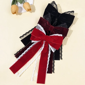 French Elegant Lace Velvet Bow Hair Clip For Women Vintage Ribbon Streamer Spring Clip Fashion Back Of Head Hair Accessories