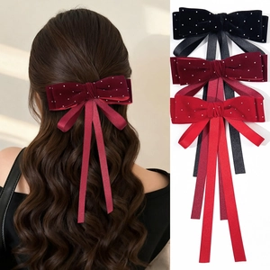 French Retro Velvet Bow Hair Clip With Long Streamer Elegant Rhinestone Ribbon Spring Clip For Women Princess Hair Accessories