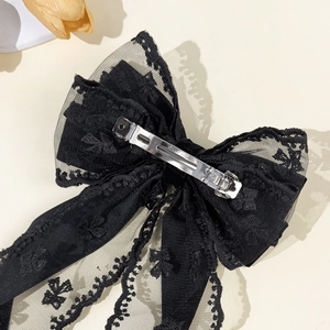 Elegant French black lace velvet bow hair clip with floral embroidery and metal spring clip