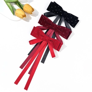 Elegant velvet bow hair clips with rhinestones and long streamers in red and black colors