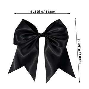 Detail view of large black satin bow hair clip with size dimensions 16cm by 18cm