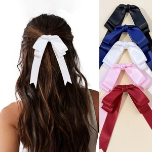 Elegant Satin Ribbon Bow Hair Clip with Long Streamers for Women Sweet Lolita Style Oversized Bowknot Duckbill Clip Hair Accessories