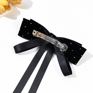 Elegant French velvet bow hair clip with silver rhinestones and metal spring clasp