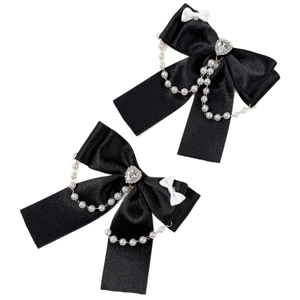 Mollette per capelli a fiocco in raso nero con catene di perle e strass a cuore