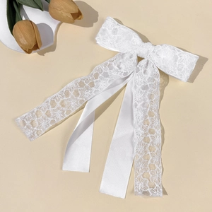 Elegant white lace flower bow hair clip with long ribbons and vintage french style