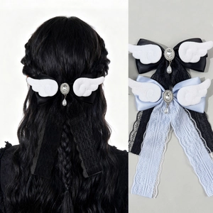 Pince à cheveux ailes d'ange avec nœud, pendentif perle et rubans en dentelle fin