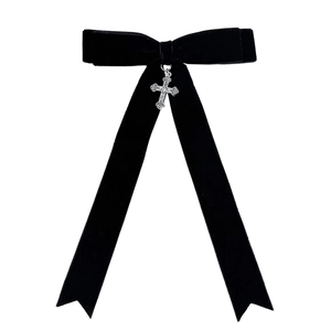 Gothic black velvet bow hair clip with vintage silver engraved metal cross pendant