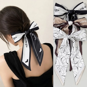 French Elegant Satin Ribbon Bow Hair Clip For Women Letter Print Polka Dot Streamer Ponytail Spring Clip Hair Accessory