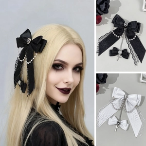 Gothic Satin Lace Bowknot Hair Clip With Heart Rhinestone Cross Pendant Artificial Pearl Chain Sweet Lolita Punk Y2K Hair Accessory