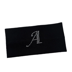 Elastic black knitted headband with a rhinestone letter A for yoga and sports