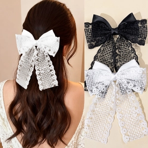 French Vintage Lace Bow Hair Clip Long Ribbon Accessories For Women Elegant Sweet Large Bowknot Duckbill Clip Handmade Headwear