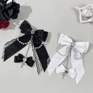 Gothic lace bow hair clips with heart rhinestone and long pearl chains set
