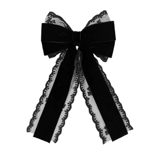 Elegant black velvet and lace bow hair clip with long ribbons on white background