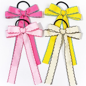 Sweet Grosgrain Ribbon Bow Streamer Hair Tie With Scalloped Edge Handmade Long Ribbon Ponytail Holder For Women Girls
