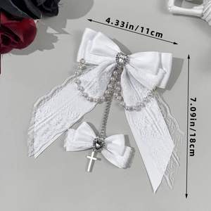 Gothic lace bow hair clip with heart rhinestone and chain tassels, 11x18cm dimension