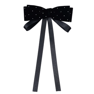 Elegant French velvet bow hair clip with rhinestones and long black satin ribbons
