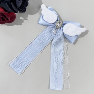Barrette nœud ailes d'ange en dentelle avec perle et cristal de couleur bleu