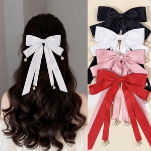 Satin Bowknot Hair Clip With Long Streamers And Faux Artificial Pearl Pendants Mori Style Sweet Ribbon Hair Accessories For Women