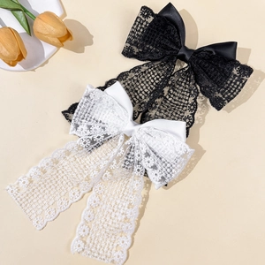 French vintage lace bow hair clips in black and white with elegant long tassels