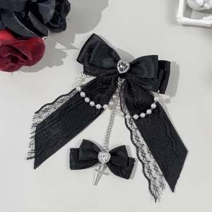 Gothic black lace bow hair clip with heart rhinestone, pearl chain and silver cross details