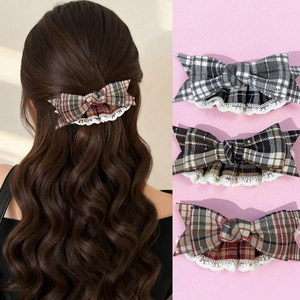 Vintage Plaid Bow Hair Clip With Lace Edge Retro Handmade Fabric Duckbill Clip Hair Accessories For Women Sweet Hairpin